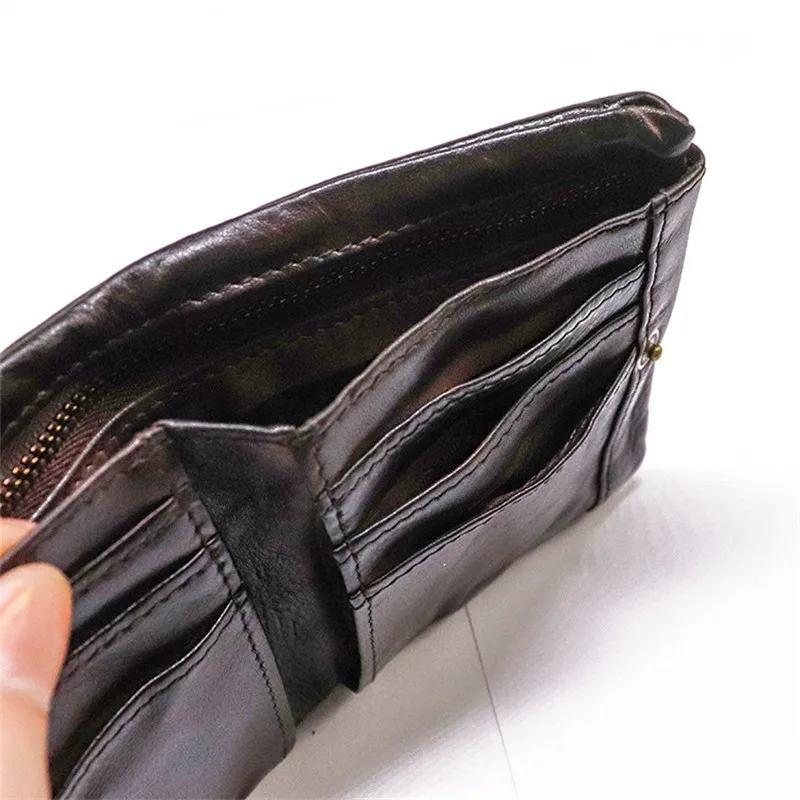 Simple vintage genuine leather men's women's short wallet casual luxury pleated first layer cowhide ID card holder coin purse