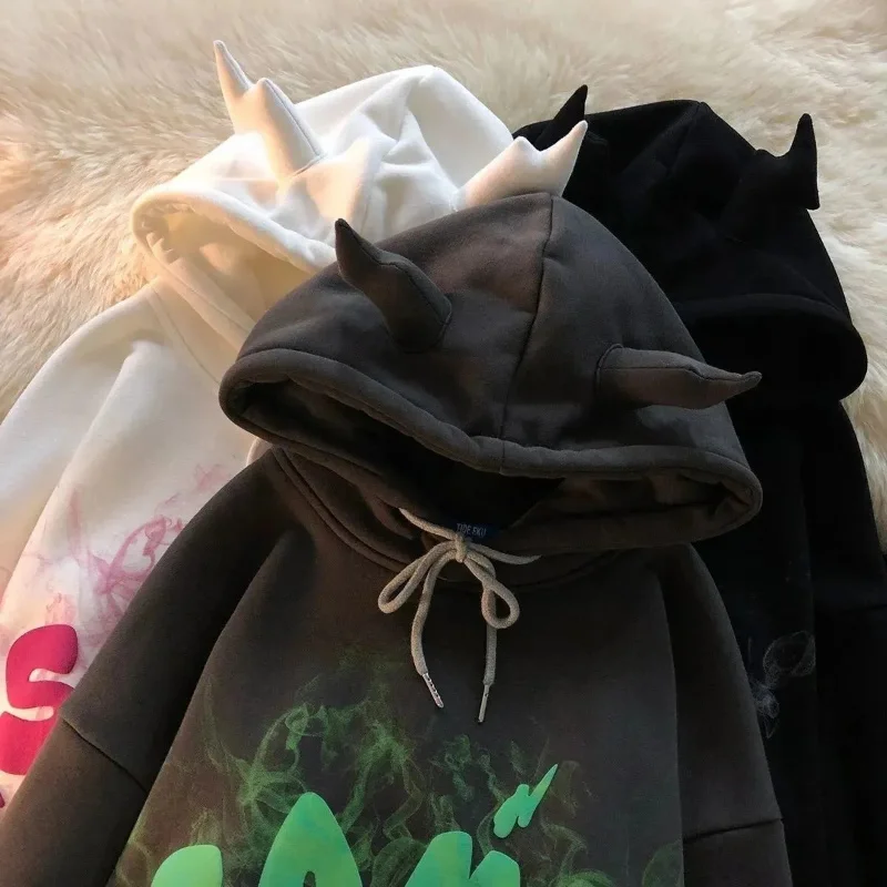 

Женские толстовки в стиле Харадзюку с изображением ангельских ушек, винтажные свитшоты большого размера с длинным рукавом и надписью, пуловеры с капюшоном в виде граффити и монстра Y2k