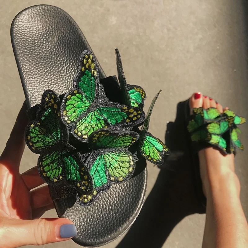 

Slippers Women Luxury New Bow Embroidered Slip-on Flats Sandals Summer Footwear Fashion Ladies Flip Flops Casual PVC Woman Green