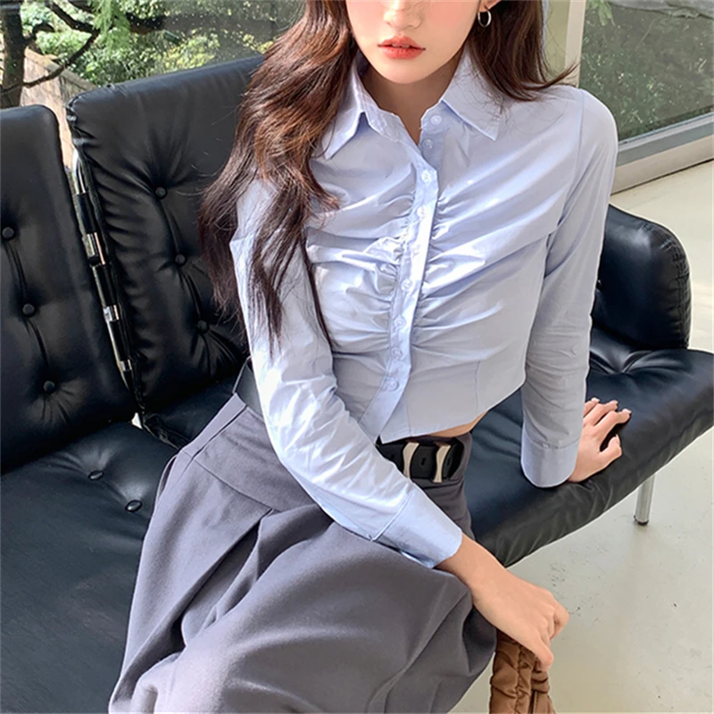 

Women's Pleated Waistband Design Long Sleeved Shirt Spring Summer New Chic Female Polo Collar Single Breasted Short Cardigan