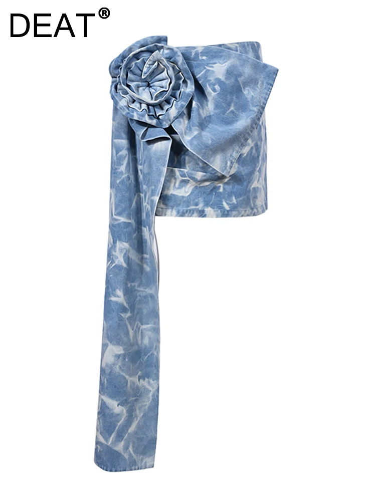 

DEAT Women's Denim Skirt Tie-dye Printed Wash Spliced Pleated Rose Flower Irregular Mini Skirt 2023 Autumn New Fashion 7AB275