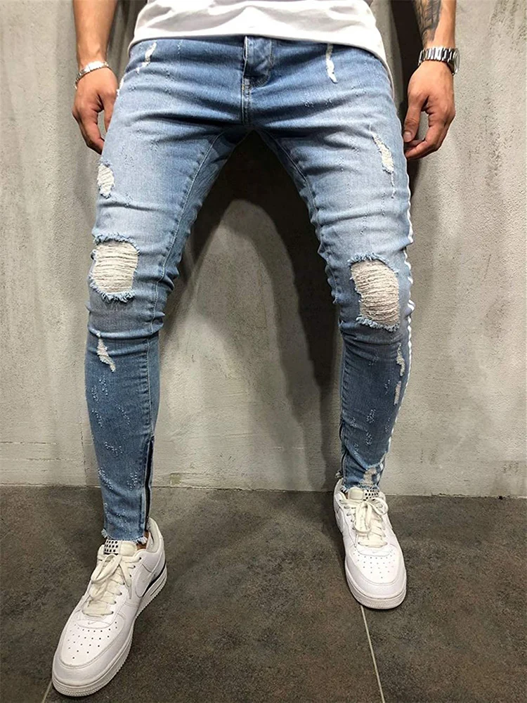 New Ripped Men Jeans Fashion Side Patchwork Skinny Slim Fit Blue Hip Hop Denim Trousers Male Casual Pants pantalones de hombre