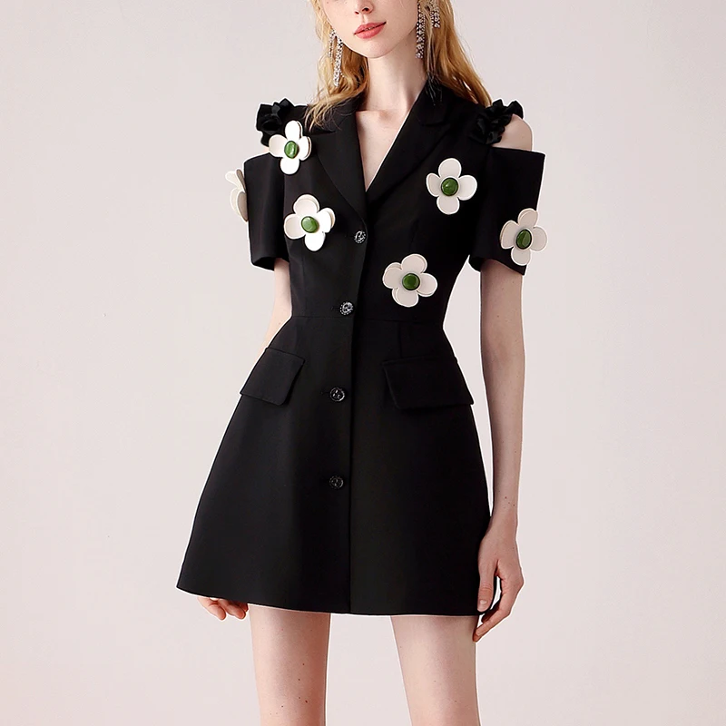 

SuperAen Summer 2022 New Three-dimensional Appliques Flower Slimming Notched Office Lady Black Suit A-LINE Dresses for Women