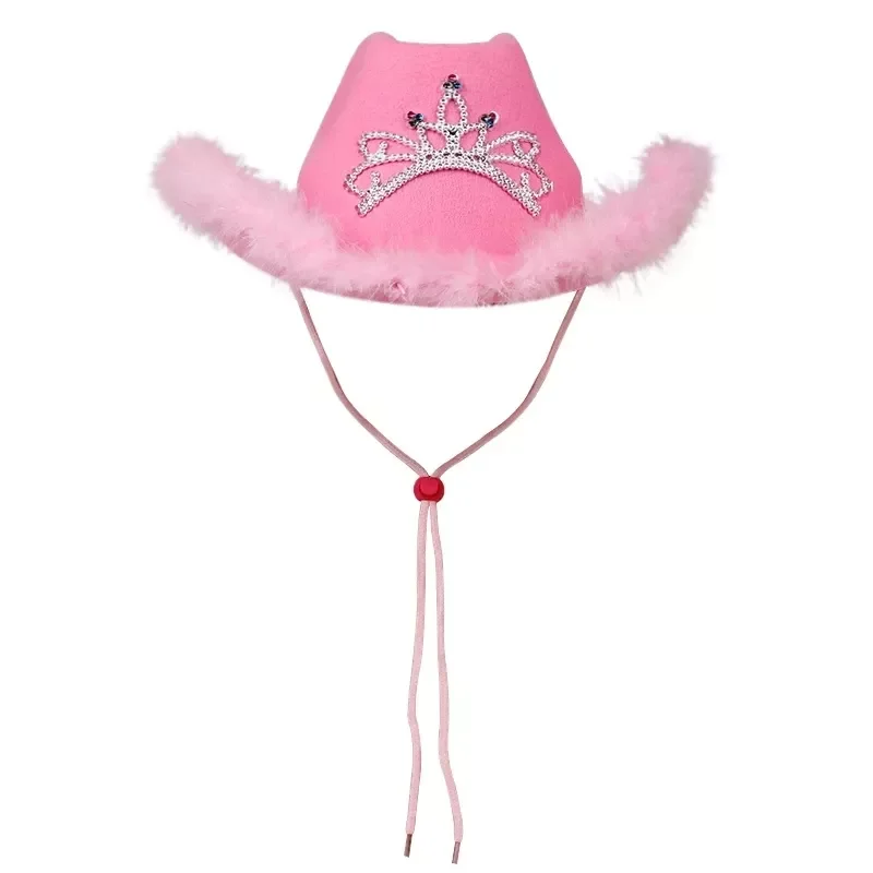 Style Cowboy Hat Pink Women Girls Birthday Party Caps with Feather Sequin Decoration Crown Tiara Night Club Cowgirl Hats