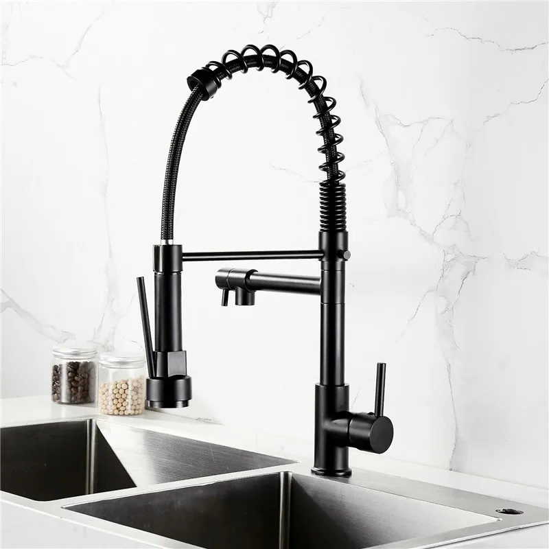 Kitchen Sink Faucets Hot & Cold Solid Brass 360 Degree Rotating Mixer Tap Pull Out Spray Nozzle Dual Handle Deck Mounted Nickel