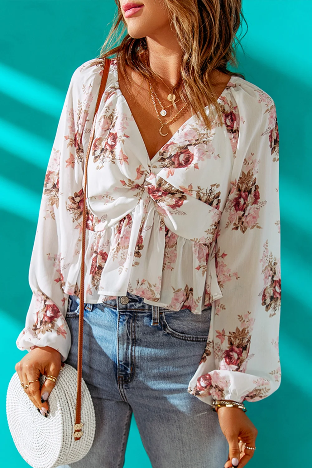 

Beige V Neck Balloon Sleeve Twist Front Floral Blouse for Women