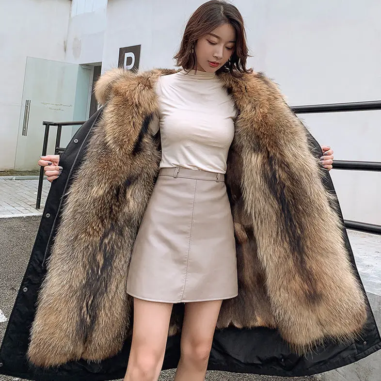 New Winter Ladies Casual Fashion Cotton Clothing Long Women's Disassembled Raccoon Fur Thick Big Size Coat