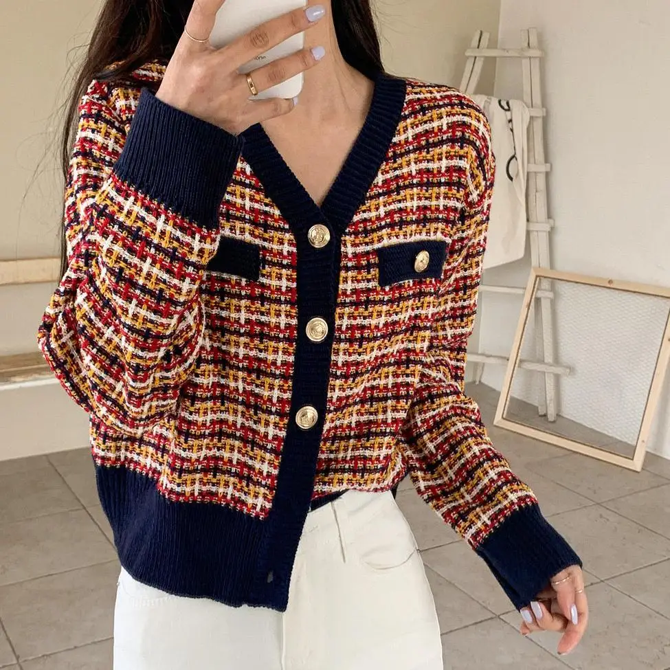 

Sweet Women Sweater Cardigan 2021 Autumn Winter Plaid Oversize V Neck Knitted Cardigans Girls Outwear Korean Chic Tops Kawaii