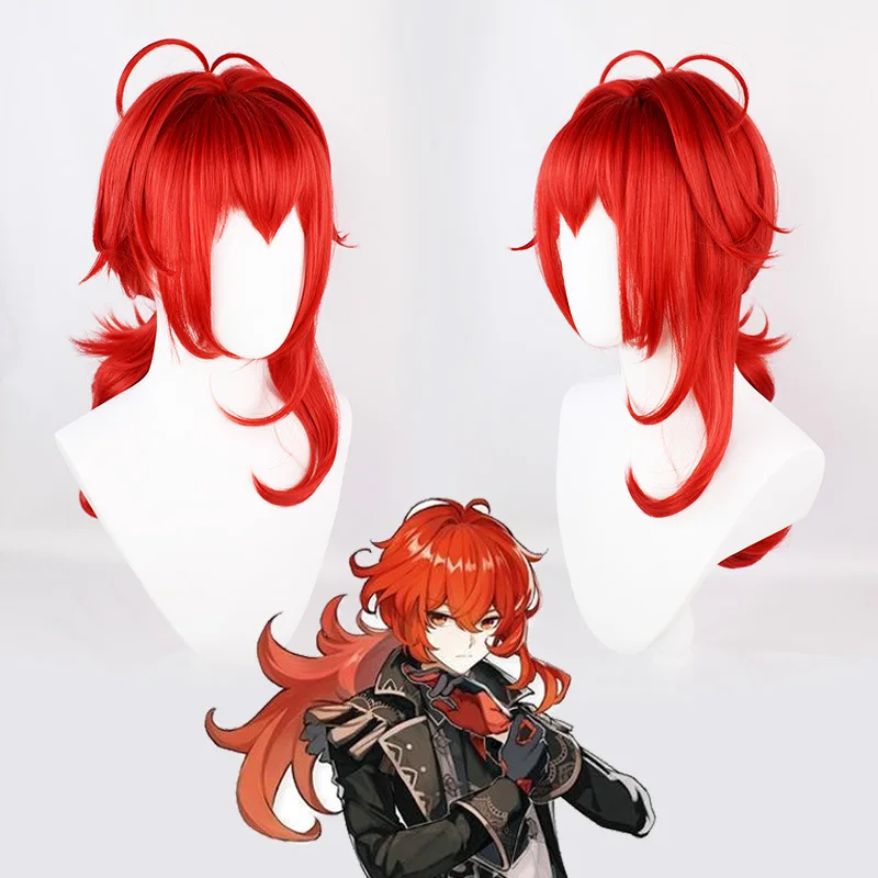 

High Quality Diluc Cosplay Game Genshin Impact Diluc Ragnvindr Wigs Red Heat Resistant Synthetic Hair 3 Type Party Wig + Wig Cap