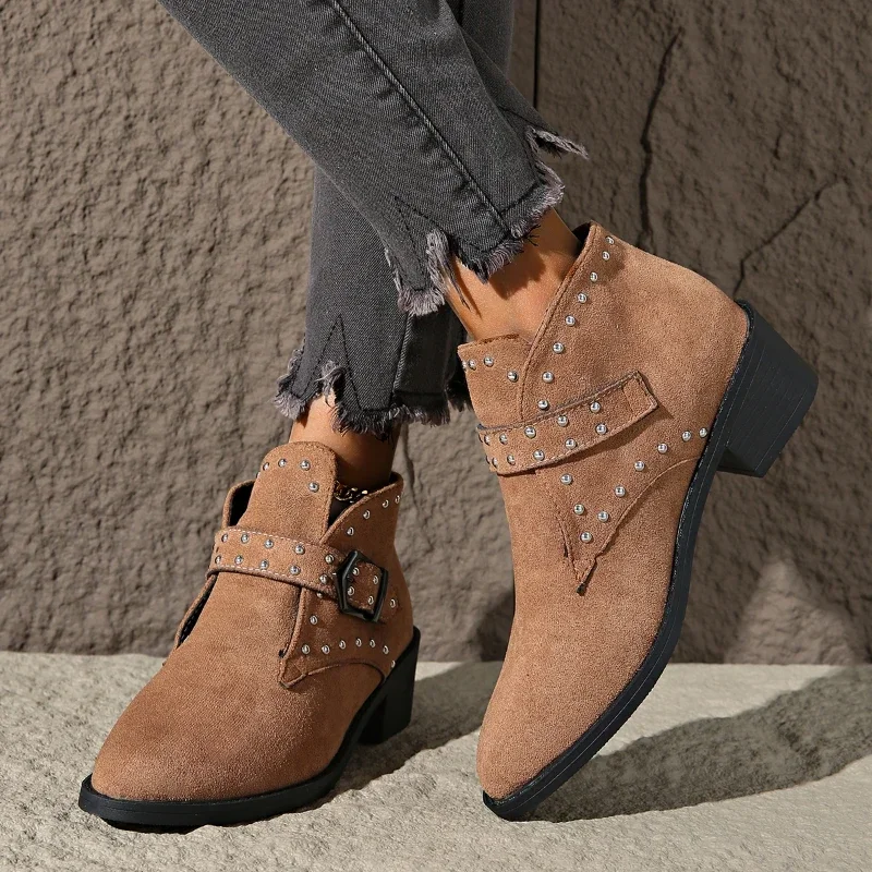 New Winter Brown Pointed Toe Square Heel Comfortable Women's Boots Thick Sole Sexy Elegant Fashion Suede Shoes