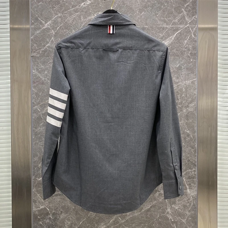 TB Fashion Wool Shirt Grey V-neck Business Shirt for Men White Bar Pocket Full Sleeve Turndown Collar Casual Shirt Man Clothing