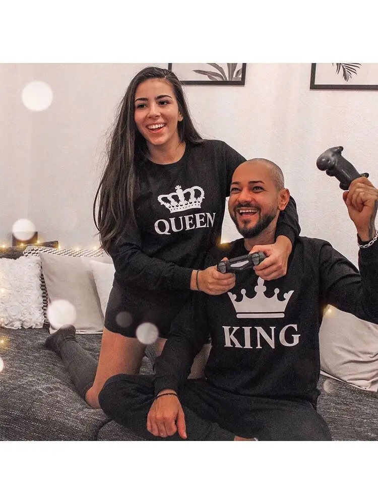 Женская и мужская Толстовка King Queen Повседневный пуловер с начесом принтом короны