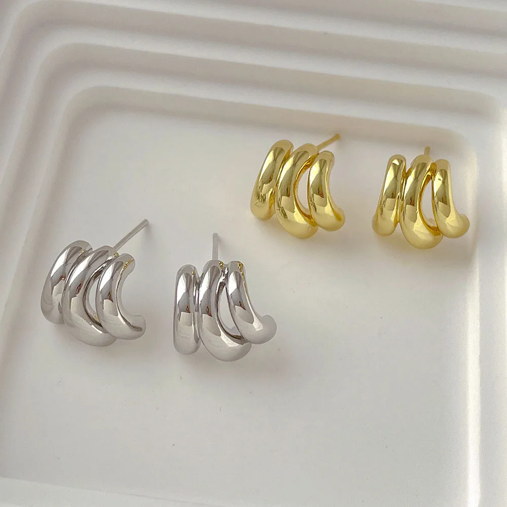 

High Quality Gold Plated Metallic Multi-layer Small Pierced C Earrings For Women Korean Japanese Style Ear Jewelry Wholesale