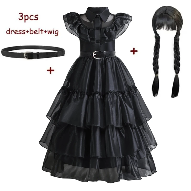 

Movie Wednesday Costume Girls For Kids 2023 Mesh Dresses Black Gothic Winds Wednesday Cosplay Halloween Carnival Party Costume