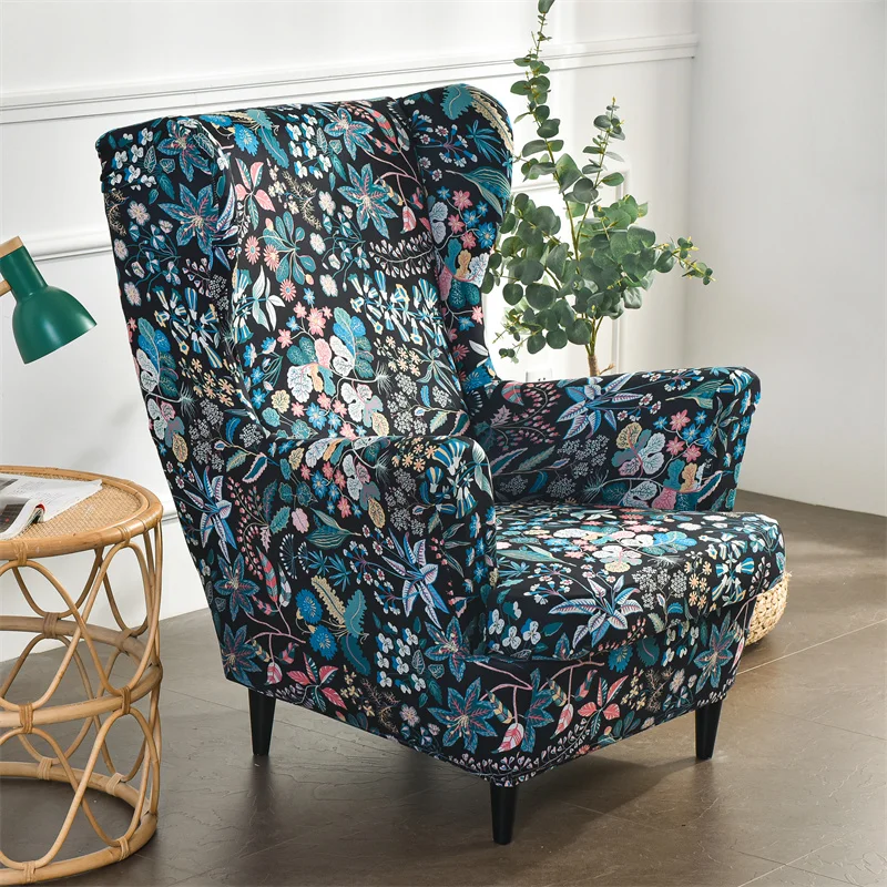 

Floral Printed Wing Chair Cover Washable Spandex Armchair Cover Relax Sofa Slipcovers With Seat Cushion Covers Footstool Covers