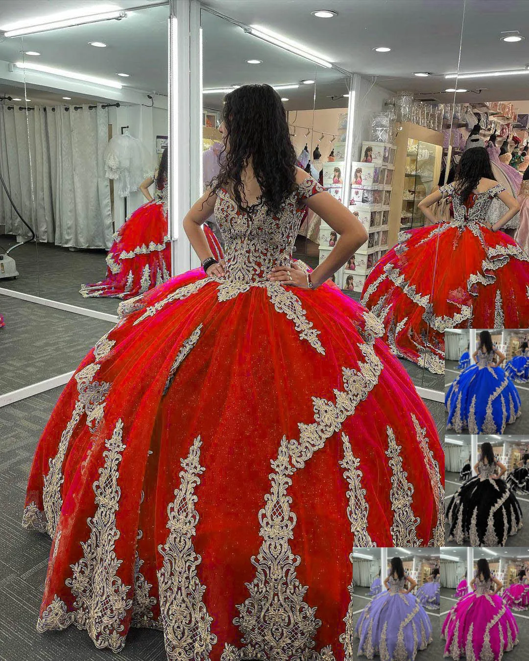 

Glitter Tulle Red and Gold Off the Shoulder Quinceanera Dress Appliques with Tiered Train Ball Gown for Sweet 15 16 Birthday