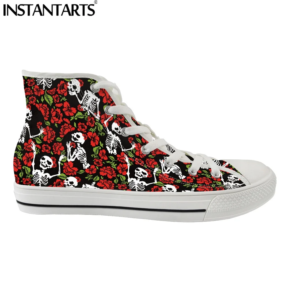 

INSTANTARTS Sugar Skull Rose Print Men's High-top Canvas Shoes Breathable Casual Lace-up Vulcanized Shoes Male High Top Sneakers