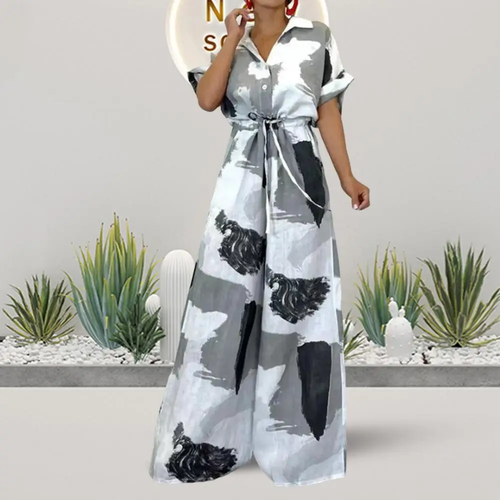 

Summer Women Romper Short Sleeves Turn-down Collar Buttons Casual Artistic Pattern Loose Type Contrast Color Wide Leg Jumpsuit