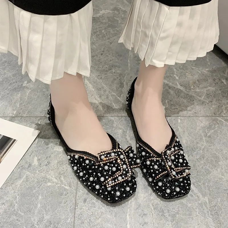 Flat shoes women's spring and summer rhinestone bow shallow mouth square head gentle fairy shoes comfortable soft beanie shoes