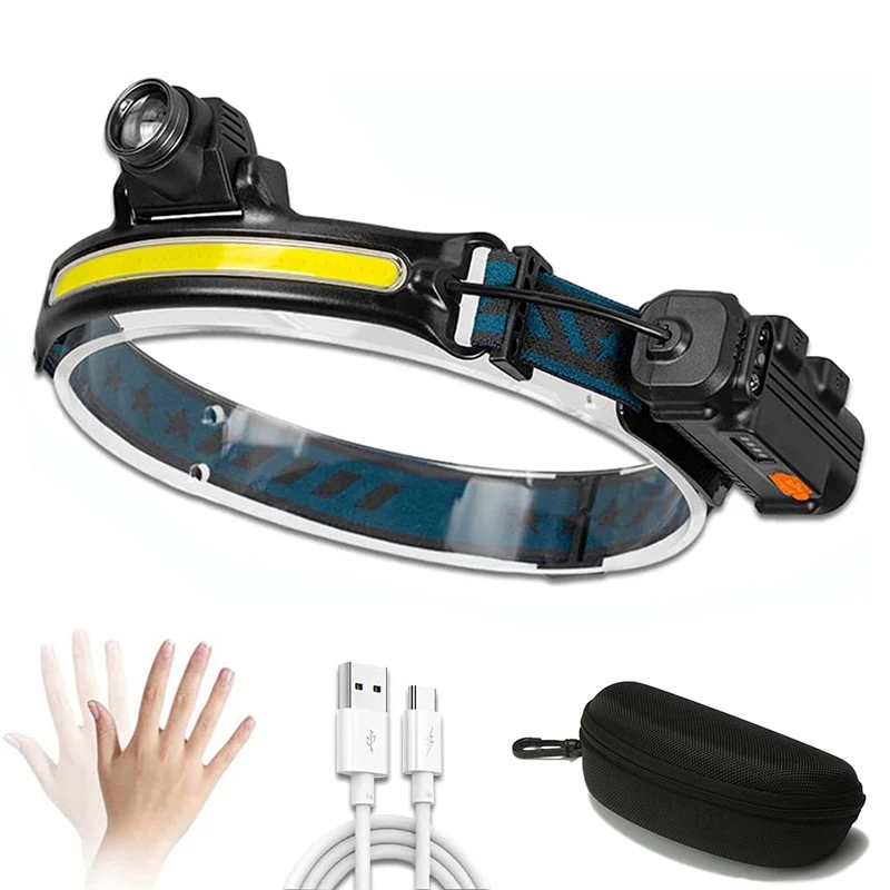 

Powerful Headlamp Fishing Headlight Front LED COB Battery Torch Head Lamp USB Sensor Headlight Camping Lantern Light Flashlight