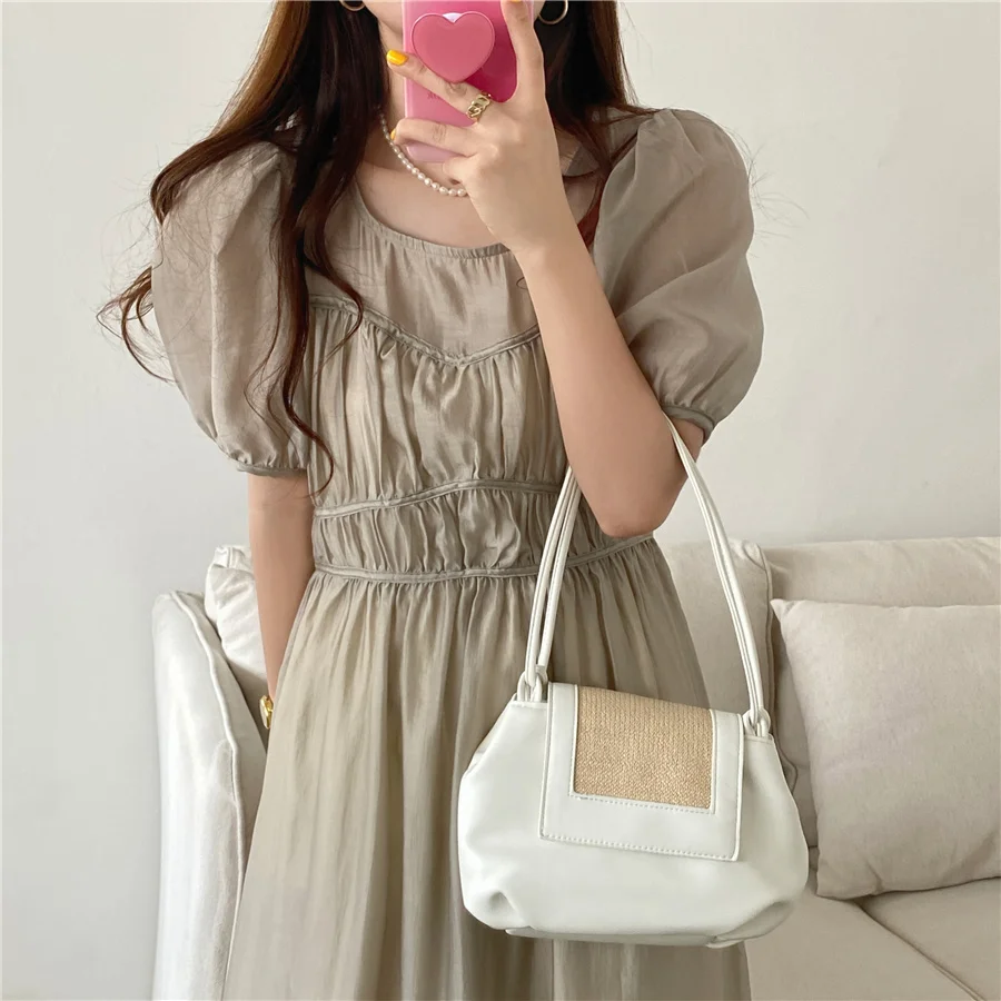 

COIGARSAM Summer Women's Dress 2021 French Style Solid High Waist Apricot Brown Dresses Dropshipping
