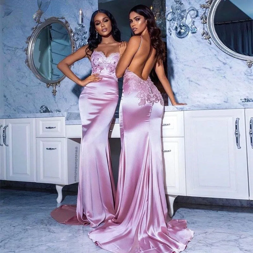 

2022 Pink Mermaid Bridesmaid Dresses Spaghetti Backless Sweep Train Appliques Wedding Guest Party Gowns Maid of Honor Dress