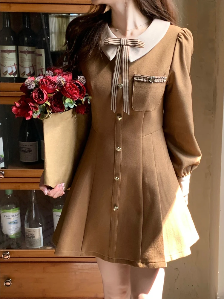 

Autumn Vintage Sweet Dress Women Patchwork College Style Kawaii Mini Dress Female High Waist Korean Casual Pleated Dress 2022