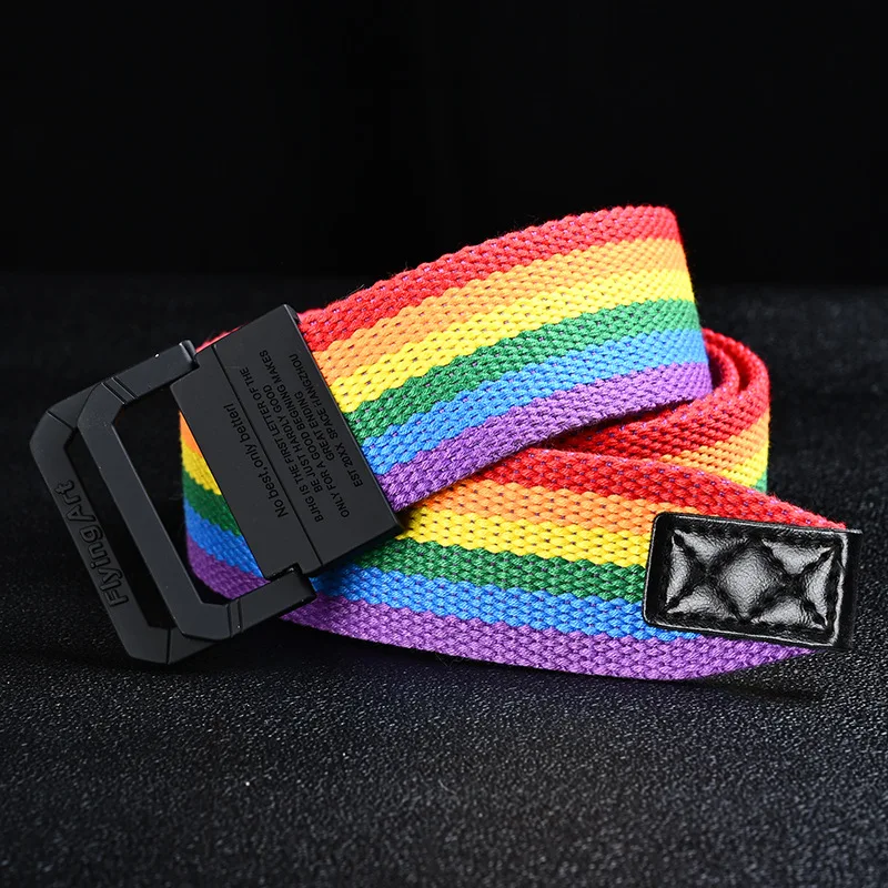 Unisex Canvas Women Rainbow Stripe Belt  Metal Double Ring Buckle Jeans Military Student Army Tactical Designer Belt for Men