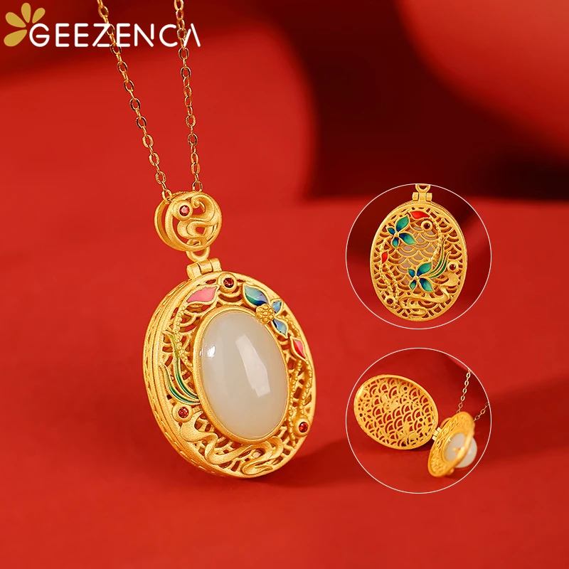 

GEEZENCA 925 Silver Gold Plated Enamel Jade Locket Pendant For Necklace Vintage Cloisonne Hollow Openable Pendant Without Chain