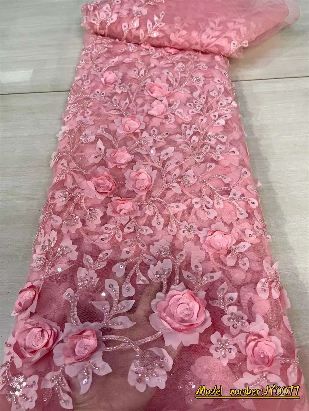 

Luxury 3D Lace Fabric 5 Yards Dubai Pink Beaded Tulle Lace Fabric Embroidered Applique African Nigerian Fabric For Sewing JY0077
