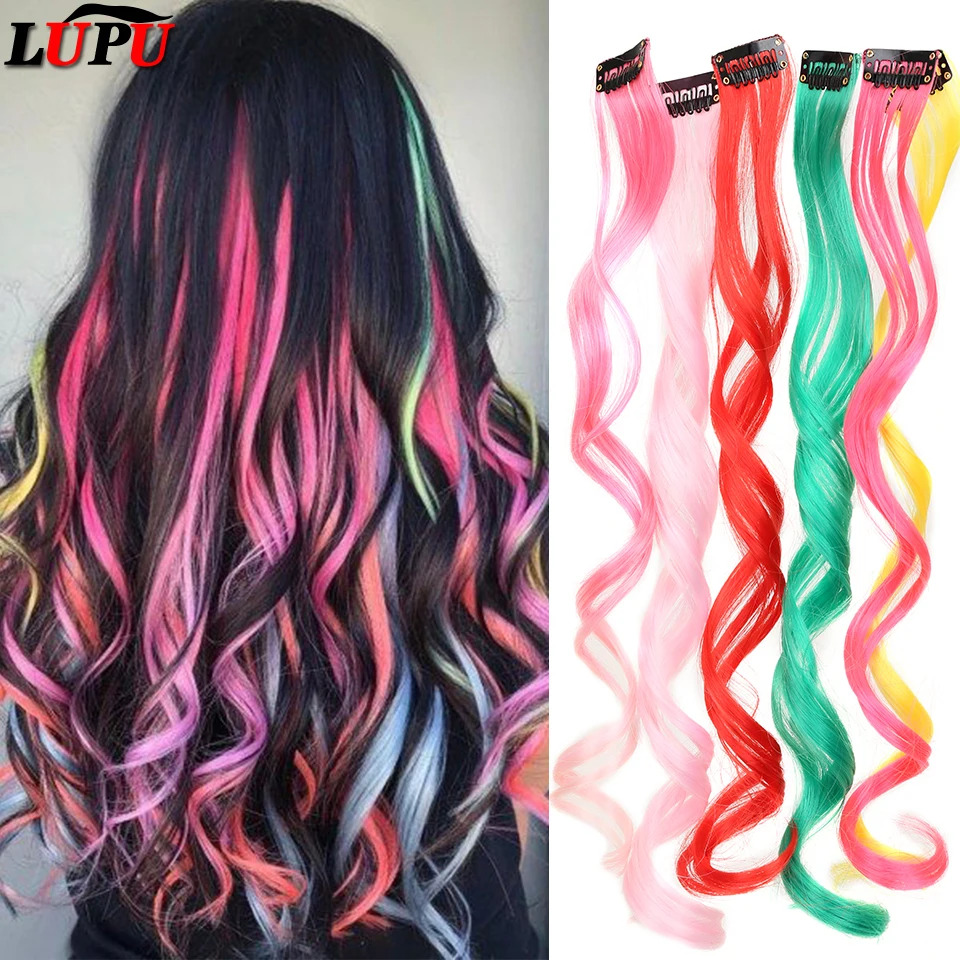 LUPU Synthetic Hair Extensions With One Clip Heat Resistant Rainbow Hair Piece For Kid Women Long Curly Wavy Style Colorful Hair