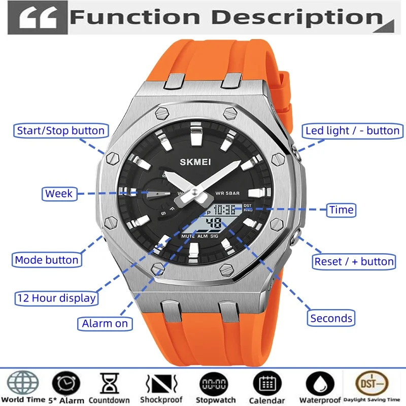Фото Skmei Fashion World Time Многофункциональные спортивные часы для мужчин Светодиодный водонепроницаемый цифровой аналоговый дисплей Роскошные кварцевые наручные часы №2