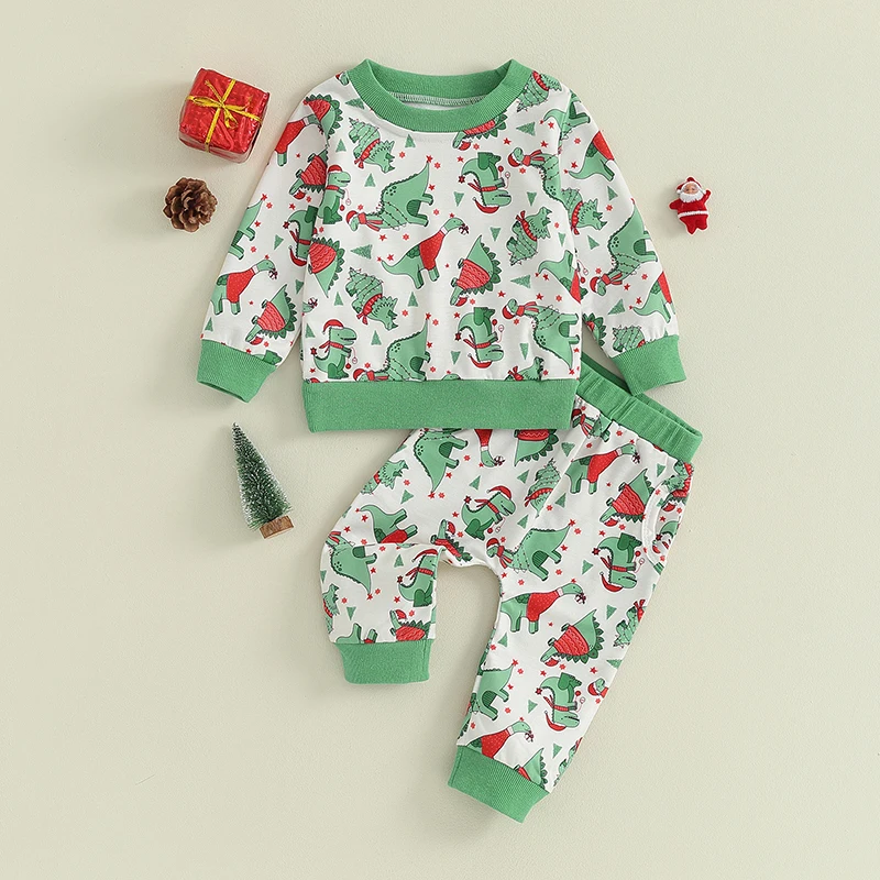 

Рождественская Одежда для маленьких мальчиков и девочек, толстовка с длинным рукавом и принтом динозавра и длинные брюки с эластичным поясом, комплект одежды из 2 предметов