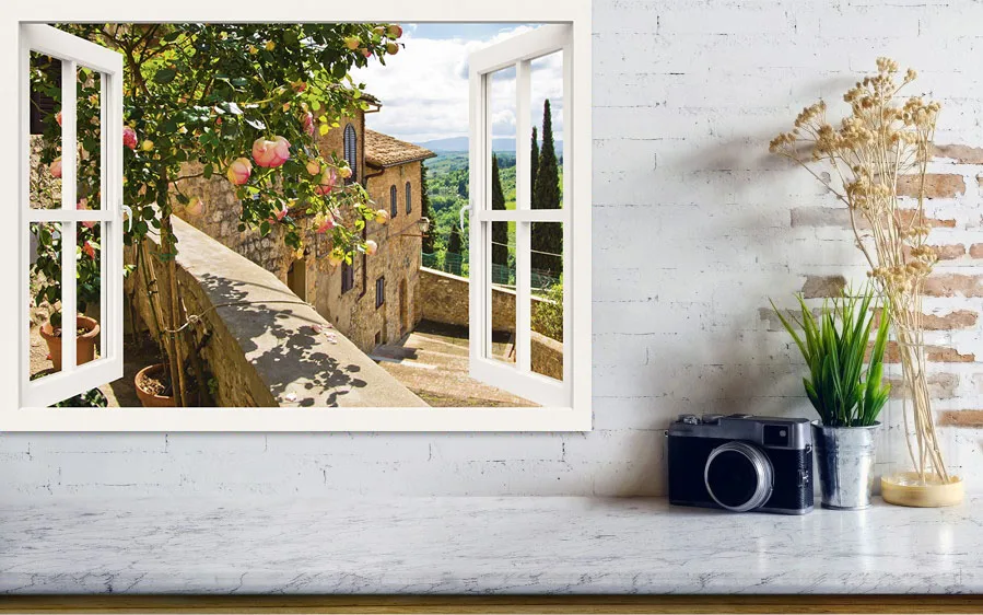 

3D Window Frame Beautiful European Town Window Mural Vinyl Bedroom Vinyl Wallpaper Wall Decals Stickers Christmas Wall Sticker