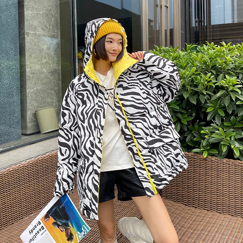 

Парка с капюшоном и принтом зебры, зимняя Новинка, женское теплое короткое пальто с хлопковой подкладкой, Корейская Повседневная Свободная ...