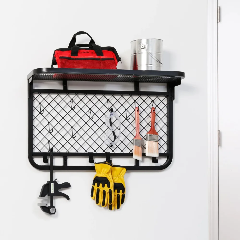 

Wall-Mounted Steel Reversible Garage Grid Shelf with Hooks Black Holds Up To 60 Lb Per Shelf Wall Shelf Garage Tool Storage Rack