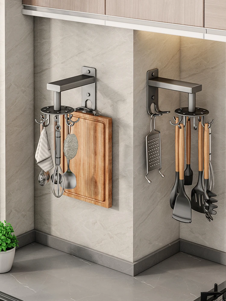

Gun ash kitchen rotary hook hole free wall hanging shelf pot spatula cutting board hanging shelf adhesive strong wall nail free