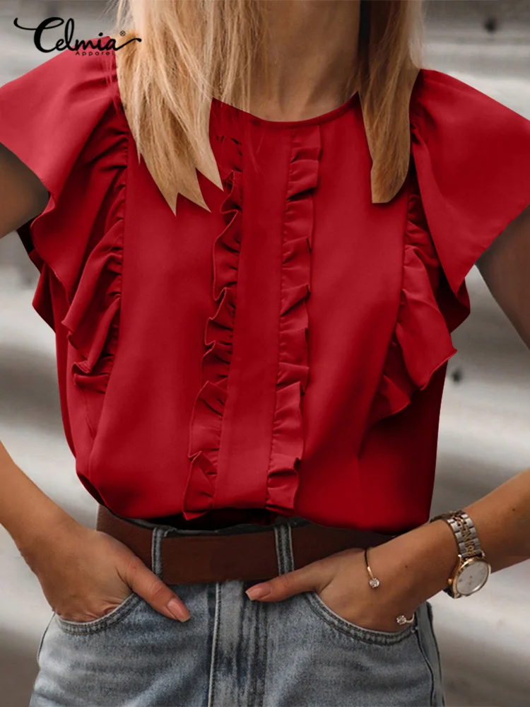 

Women Ruffles Blouses Celmia 2022 Summer Sleeveless O-neck Blusas Casual Holiday Solid Color Tunic Tops Elegant Lady Party Shirt