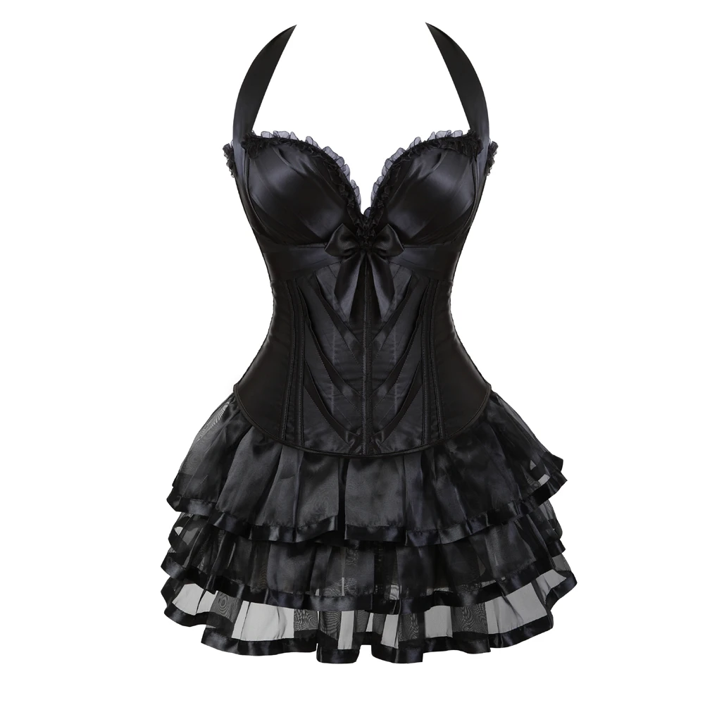 

Black Corset Dress for Women Gothic Satin Straps Corset Top With Mini Tutu Skirt Sets Sexy Cup Zipper Bustier Corset Skirt S-2XL