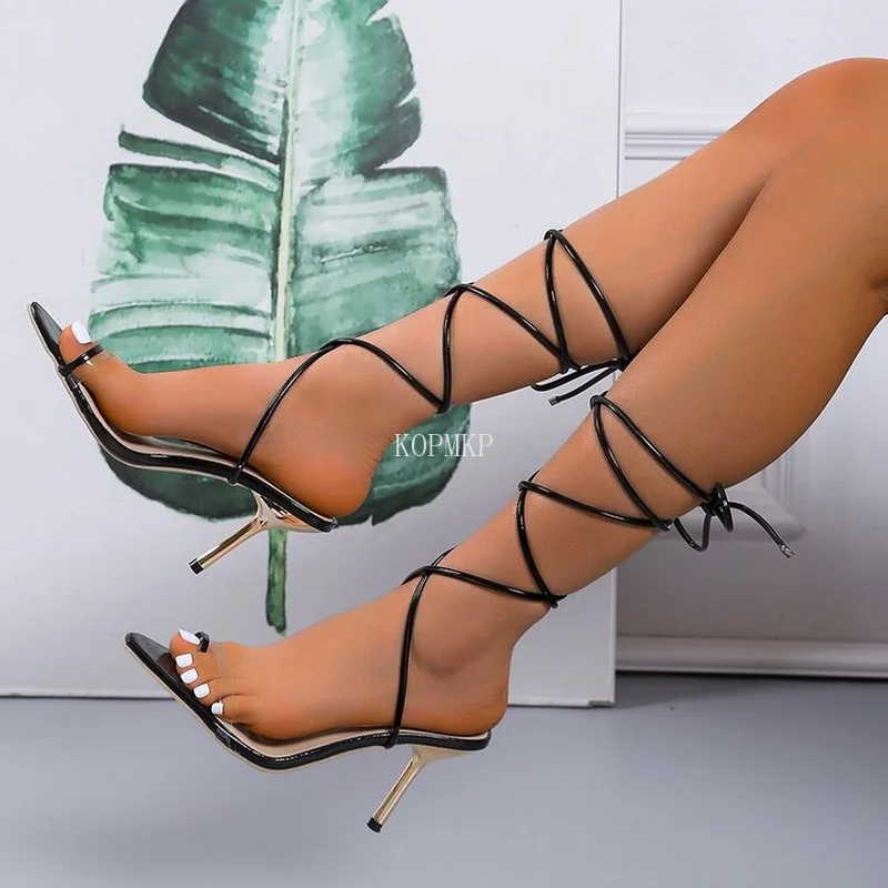 

2022 Bow Women's Sheer High Heels High Slippers Sandals Square Toe Cross Lace Up Slippers Party Shoes 36-43 Heels Women