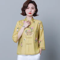 women spring summer retro buckle stand collar shirt top chinese national style embroidery middle sleeve floral cheongsam shirts