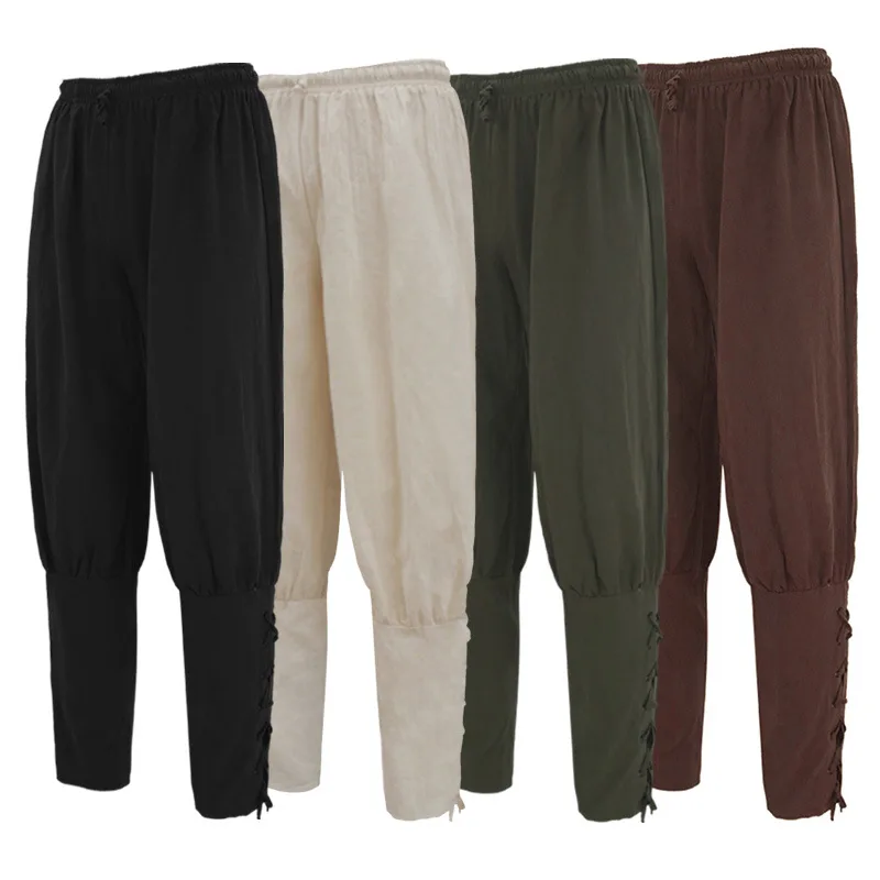S-3XL Medieval Renaissance Larp Pirate Horseman Costume Men's Viking Pants Ankle Banded Lace-up Trouser Linen Outfit For Men