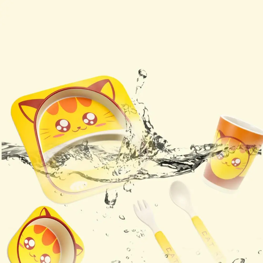 

5Pcs/Set Cute Animal Cat Bamboo Fibre Baby Bowl Cup Spoon Plate Fork Tableware