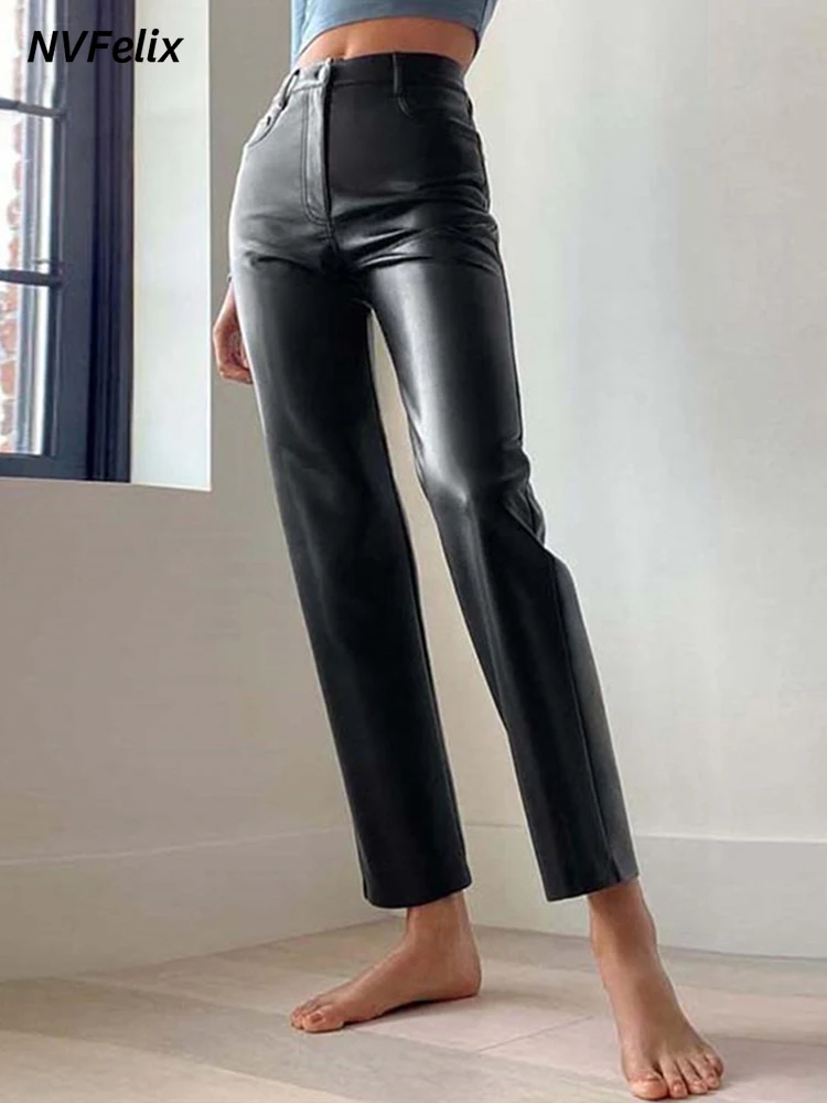 Leather Pants for Women High Elastic Waist Long Straight Leg PU Pants Loose Ladies Faux Leather Trousers Casual Wide Leg Pants