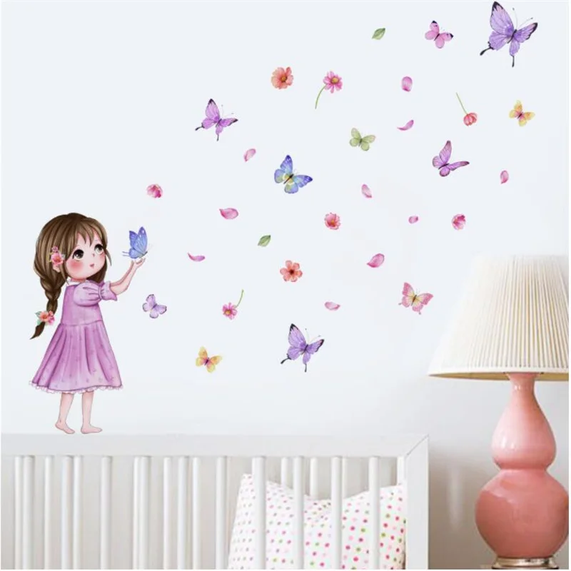 30*40 Cute Girl Butterflies Flower Wall Stickers For Children Kids Room Girls Room Bedroom Decor Princess Wallpaper Self-adhesiv
