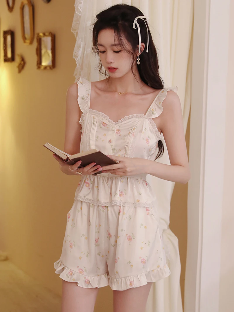 Women Summer Sweet Girl Sleeveless Silk Pajama Two Piece Set Loose French Print Ruffles Homewear Victorian Night Loungewear