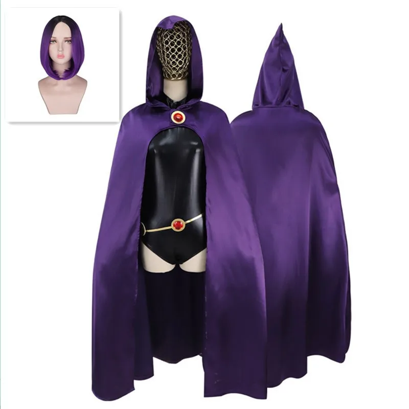 

Titans Super Hero Raven Cosplay Costume Halloween Carnival Ladies Funny Costume Party Cloak Jumpsuits with Wigs