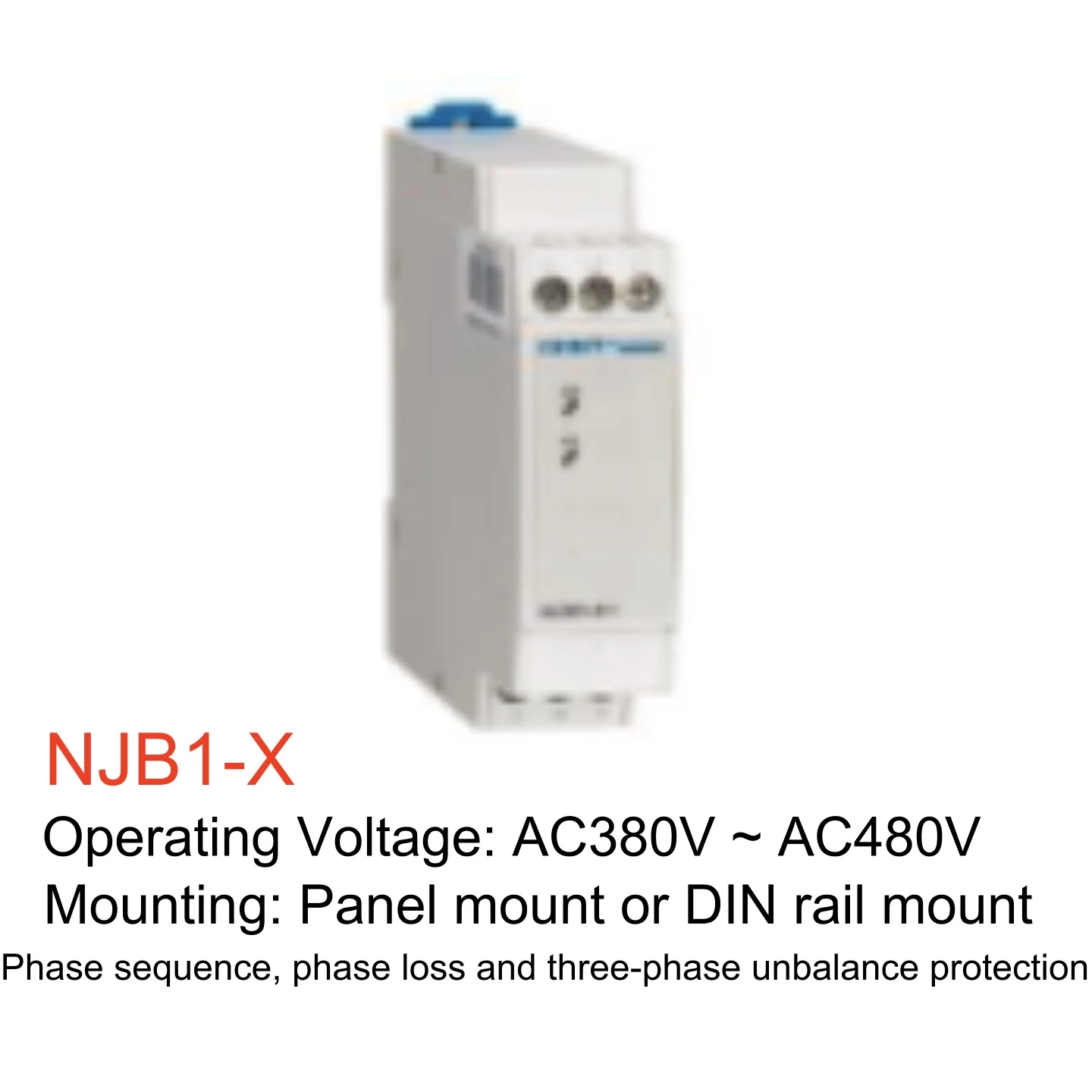 Реле контроля фаз Njb1-X, 3-фазное, для защиты от обрыва и дисбаланса фаз, AC380-480В, монтаж на DIN-рейкупанель (art.: 3920dbf32645b) - 3920dbf32645b