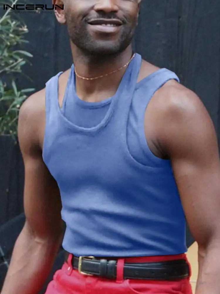 

2022 Men Tank Tops Sleeveless Fake Two Pieces Solid Color Vacation Vests Streetwear Fashion Casual Men Clothing S-5XL INCERUN 7
