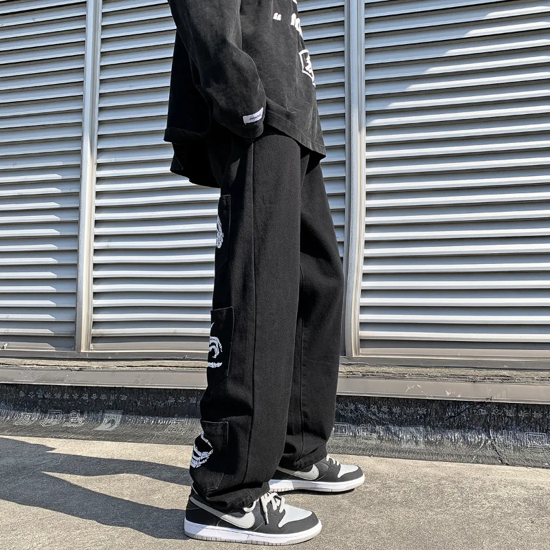 Y2k Emo Mens Black Harajuku Streetwear Alt Jeans Straight Fairy Grunge Wide Leg Pants Denim Trousers High Waist Oversize Clothes